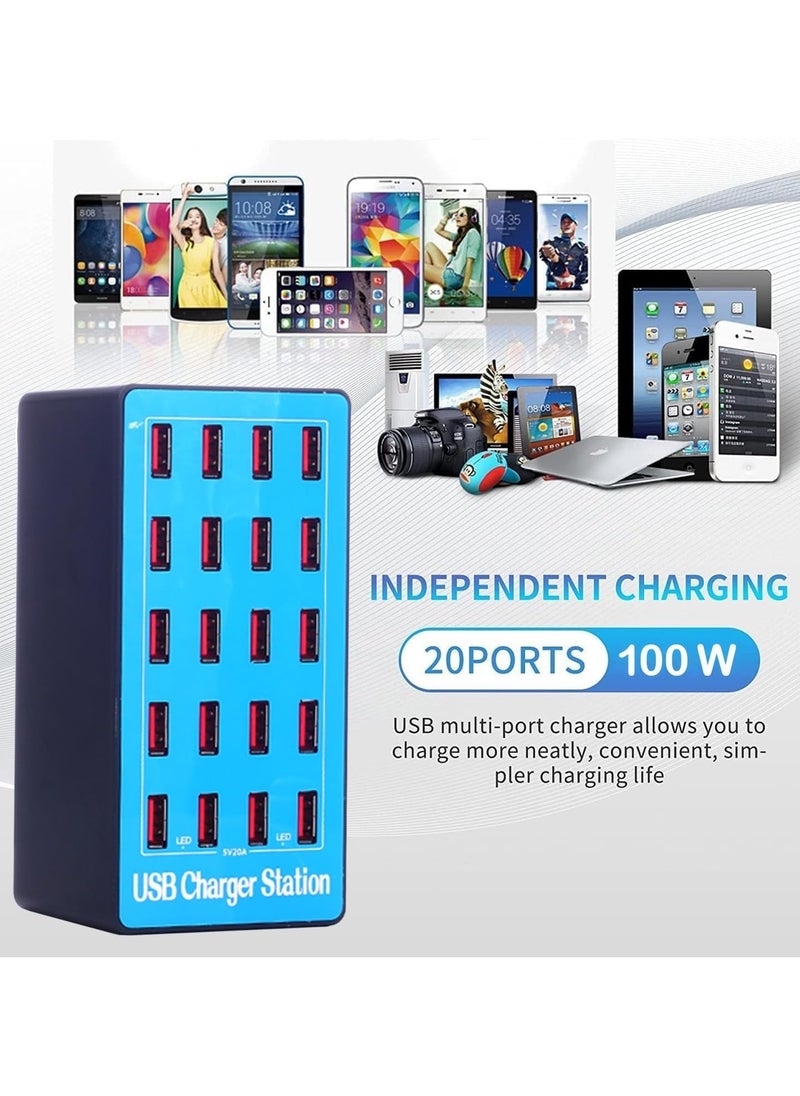 Smart USB Charger Station 20 Ports 100W, Multi-Port USB Charger with Smart Detection to charge smartphones, tablets and other USB devices