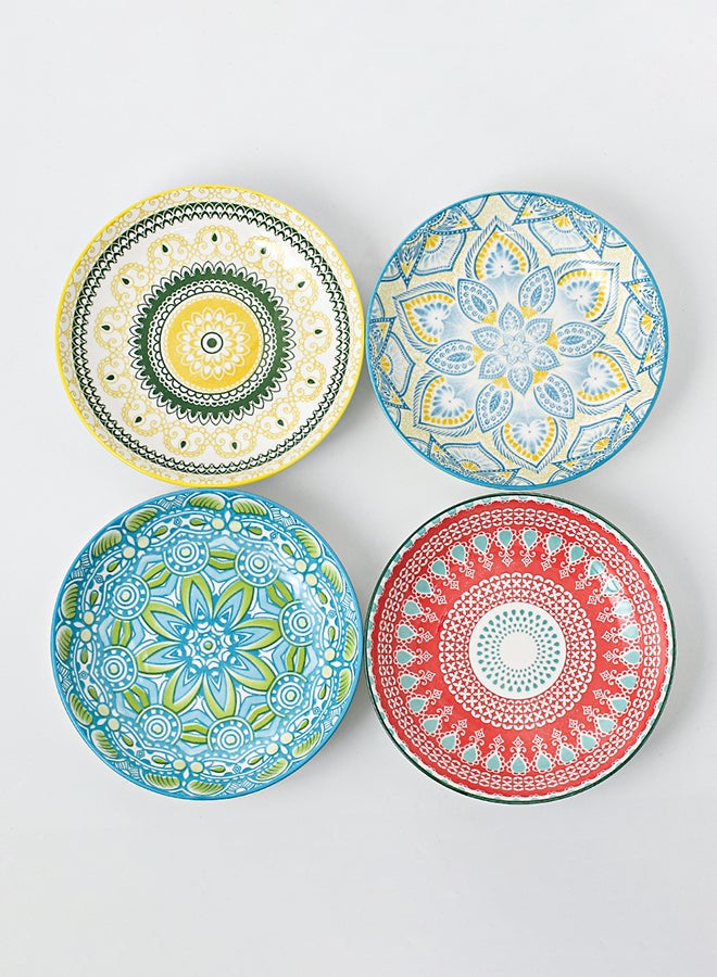 4-Piece Hand-Painted Round Plate Ceramic Multicolour 20.5x20.5x4cm