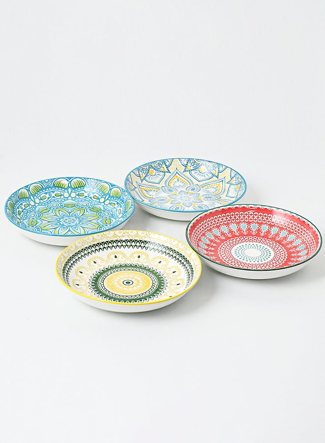 4-Piece Hand-Painted Round Plate Ceramic Multicolour 20.5x20.5x4cm