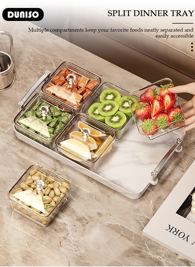 Snack Serving Tray with Lid 6 Clear Candy and Nut Serving Container set with Metal Rack,Snack Serving Platter Plastic Appetizer Platter Relish Storage Organizer Plate Food Display Bowls for Vegetables Candy Fruit Dips