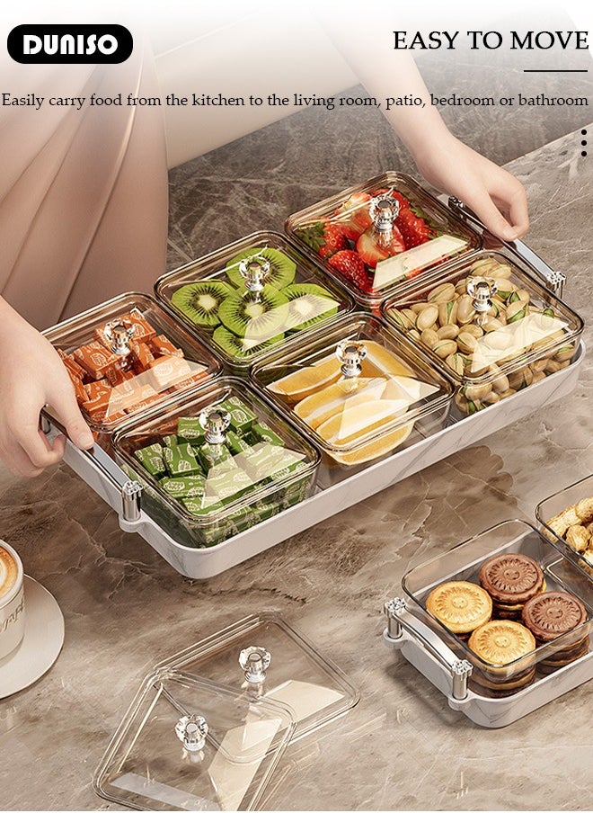 Snack Serving Tray with Lid 6 Clear Candy and Nut Serving Container set with Metal Rack,Snack Serving Platter Plastic Appetizer Platter Relish Storage Organizer Plate Food Display Bowls for Vegetables Candy Fruit Dips