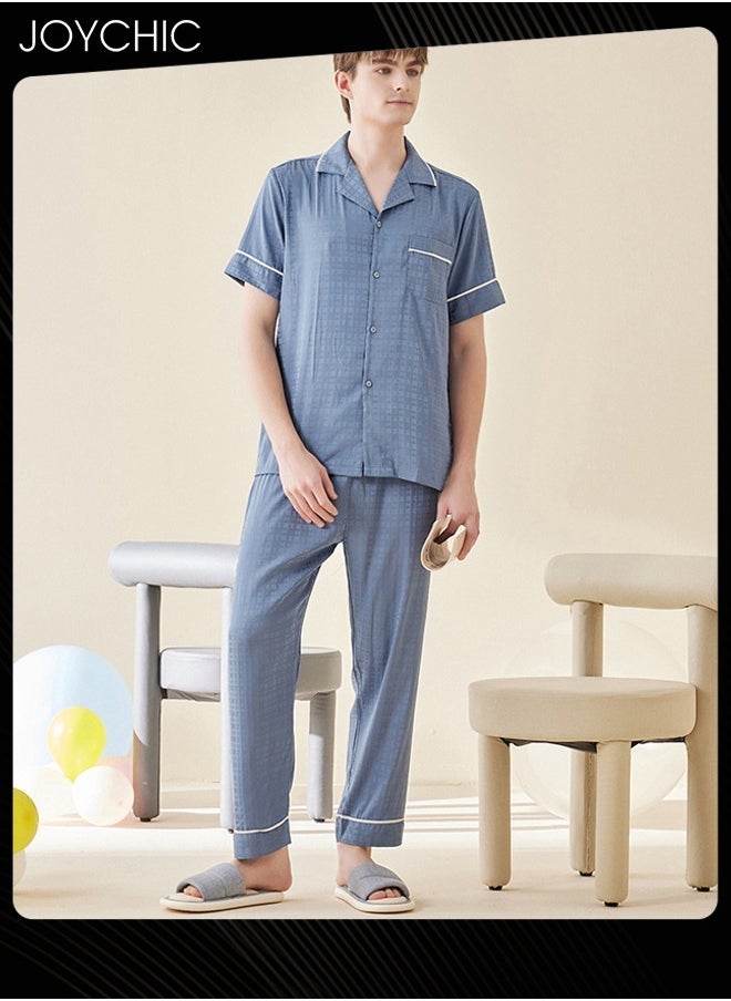 Modern Style Summer Ice Silk Short-sleeved Long Pants Pajama Set Comfty Breathable Men's Home Clothes Button Front Bedroom Sleepwear Blue