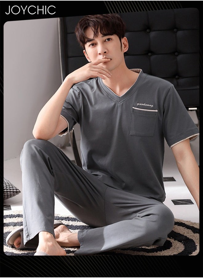 Solid Color Sports Style Men's Pajamas Set Spring and Autumn Short-sleeved Sleepwear Modal Skin-friendly Quick-dying Pullover Home Clothes for Youth Grey