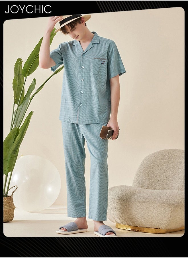 Modern Style Summer Pure Cotton Short-sleeved Long Pants Pajama Set Soft Breathable Men Home Clothes Button Front Bedroom Sleepwear Green