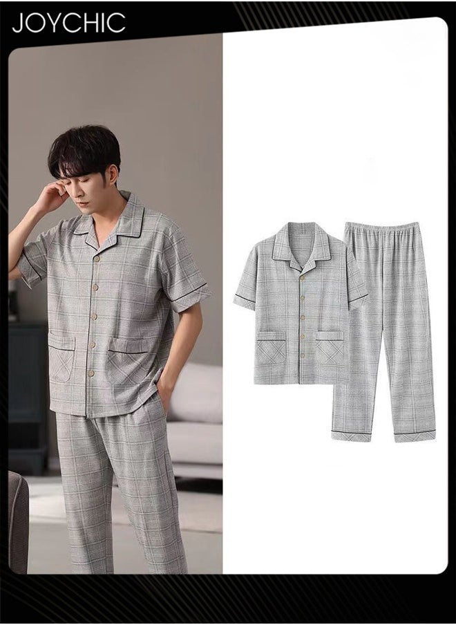 2-piece Leisure Men Pajamas Set Pure Cotton Skin-friendly Lattice Short-sleeved Trousers Loose Youth Home Sleepwear Breathable Cardigan Suit Grey for Spring Summer Autumn