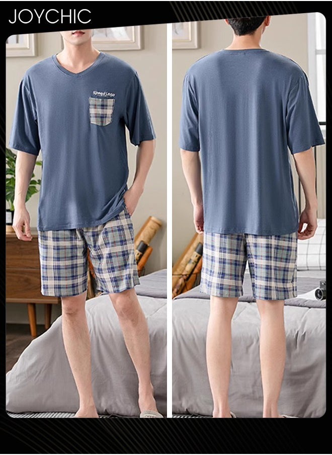 Men Summer Modal Cotton Silk Pajama Set Short-sleeved Short Pants  Lattice Pattern Skin-friendly Breathable Home Sleepwear for Teenagers Men