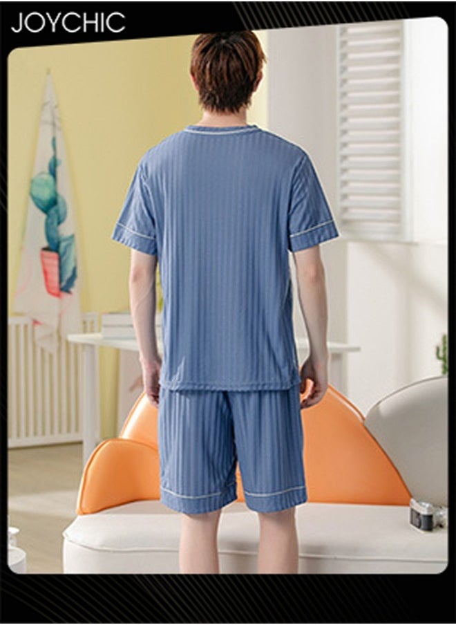 Men Leisure Bedroom Sleepwear Summer Short Sleeved Short Pants Knitted Cotton Pajamas Set Youth Comfty Breathable Pullover Home Wear Blue