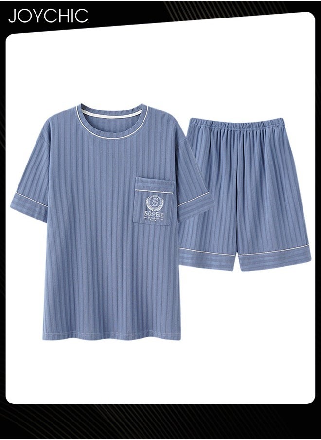 Men Leisure Bedroom Sleepwear Summer Short Sleeved Short Pants Knitted Cotton Pajamas Set Youth Comfty Breathable Pullover Home Wear Blue