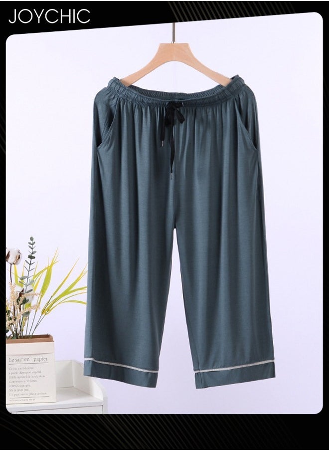 Simple Spring and Summer Men Modal Cropped Home Sleeping Pants Soft Comfty Stretchable Men's Pajama Bottoms with Pockets Dark Green