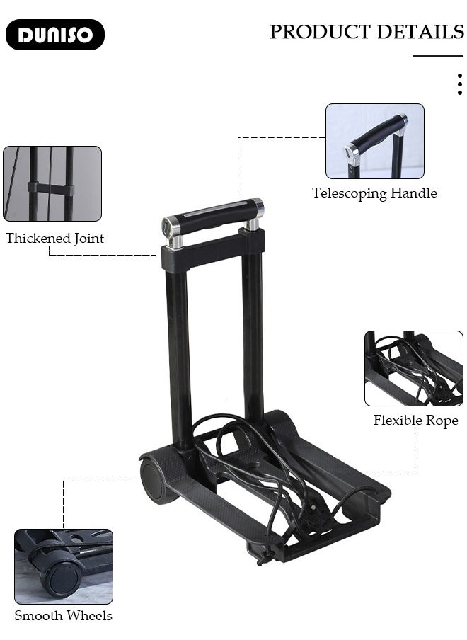 Folding Hand Truck, Lightweight Luggage Cart with Extendable Handle, Utility Dolly Platform Cart with 2 Wheels and Elastic Ropes, Roller Shopping, Portable Trolley for Luggage, Travel, Moving, Shopping, Office Use