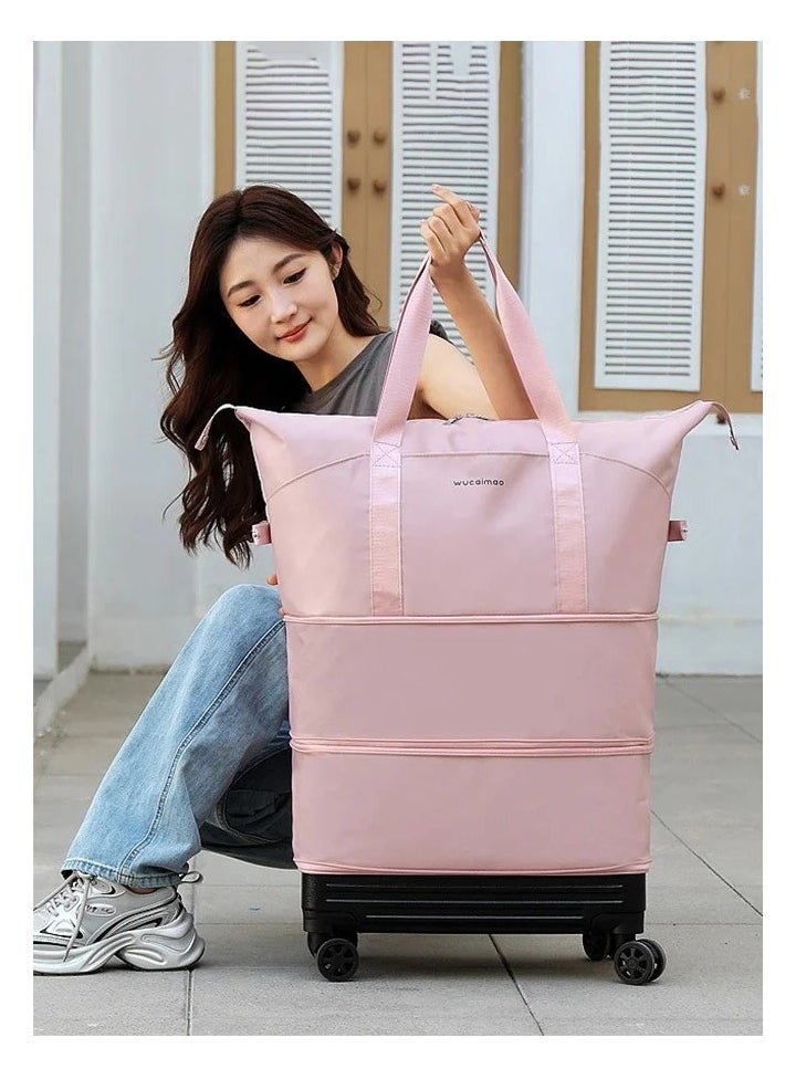 Collapsible Rolling Duffel Travel Bag with Spinner Wheels ,Expandable Foldable Luggage Bag,Lightweight Suitcases without Telescoping Handle,Large Capacity Luggage Trolley ,Expandable Foldable Carry On for Men Women,40-72L,Pink