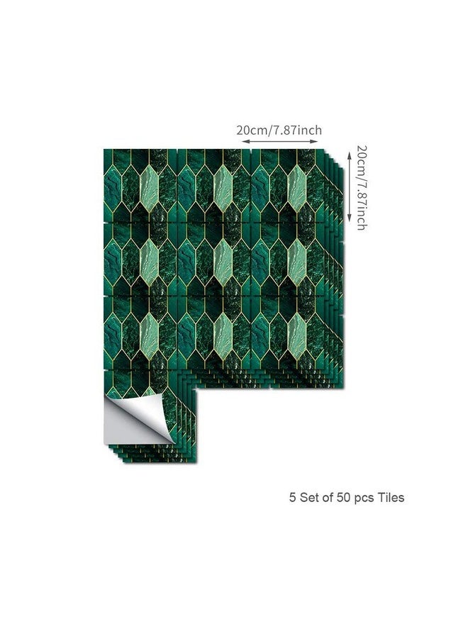 50Pcs Art Deco Peel And Stick Thick Kitchen Backsplash, Self Adhesive Wall Tile, Flat Glossy Stickers For Home Decor, Holographic Emerald 7.87