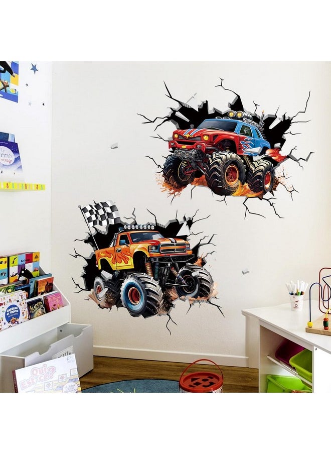 2 Large 3D Racing Cars Wall Decals Trucks Break Through Wall Stickers Boys Bedroom Kids Room Playroom Wall Decor