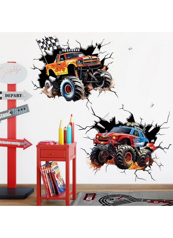 2 Large 3D Racing Cars Wall Decals Trucks Break Through Wall Stickers Boys Bedroom Kids Room Playroom Wall Decor