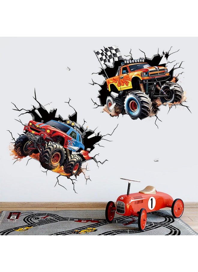 2 Large 3D Racing Cars Wall Decals Trucks Break Through Wall Stickers Boys Bedroom Kids Room Playroom Wall Decor