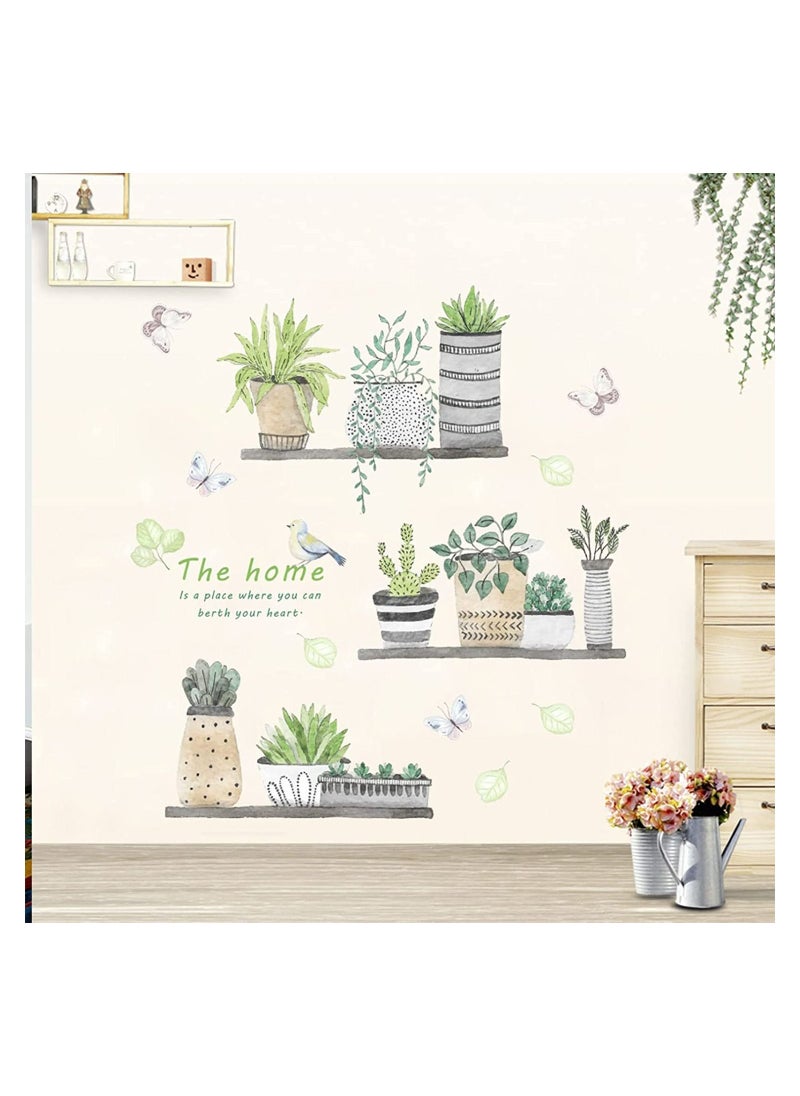 Plant Wall Decals, 2 Set Wall Stickers for Bedroom Wall Art Decal Boho, Pastoral Fresh Plants Potted Wall Stickers Art Living Room Dormitory Bedroom Decorations Corridor Porch Self-adhesive Stickers