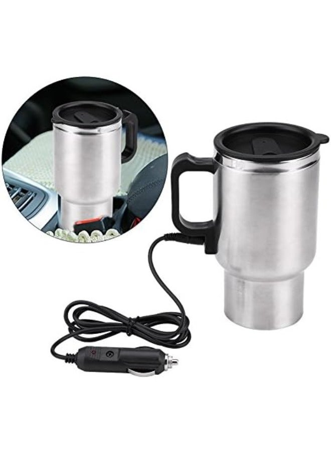 Travel Heating Cup, 450ml 12V 60W Stainless Steel Car Coffee Warmer Heating Mug Cup Adopted Vacuum Insulation Technology to Keep Water Warm, 6.3 x 3.3in