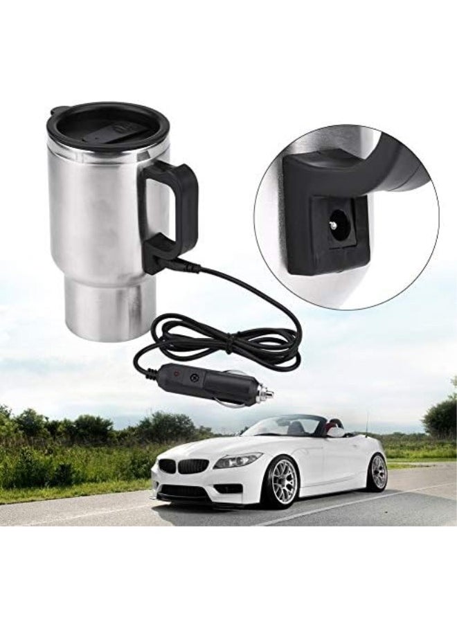 Travel Heating Cup, 450ml 12V 60W Stainless Steel Car Coffee Warmer Heating Mug Cup Adopted Vacuum Insulation Technology to Keep Water Warm, 6.3 x 3.3in