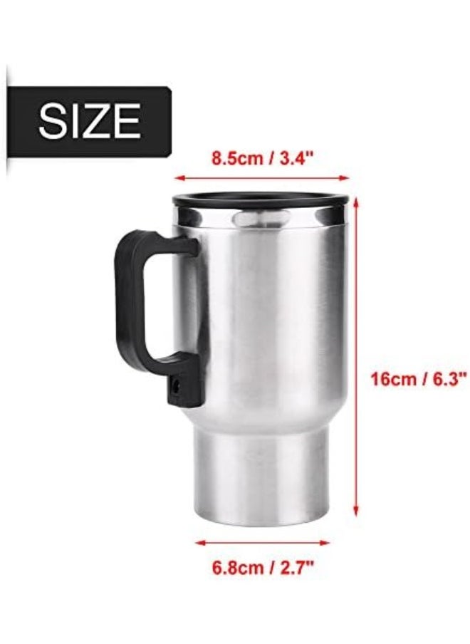 Travel Heating Cup, 450ml 12V 60W Stainless Steel Car Coffee Warmer Heating Mug Cup Adopted Vacuum Insulation Technology to Keep Water Warm, 6.3 x 3.3in