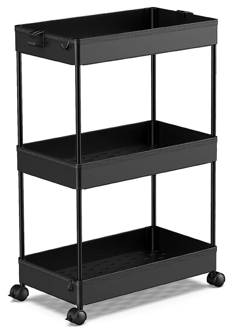 Juud 3-Tier Rolling Storage Cart with Wheels Slim Plastic Utility Shelf Organizer for Kitchen Bathroom Office & Narrow Spaces Movable Trolley with Hooks Drainage Shelves Easy Assembly for Multipurpose Use