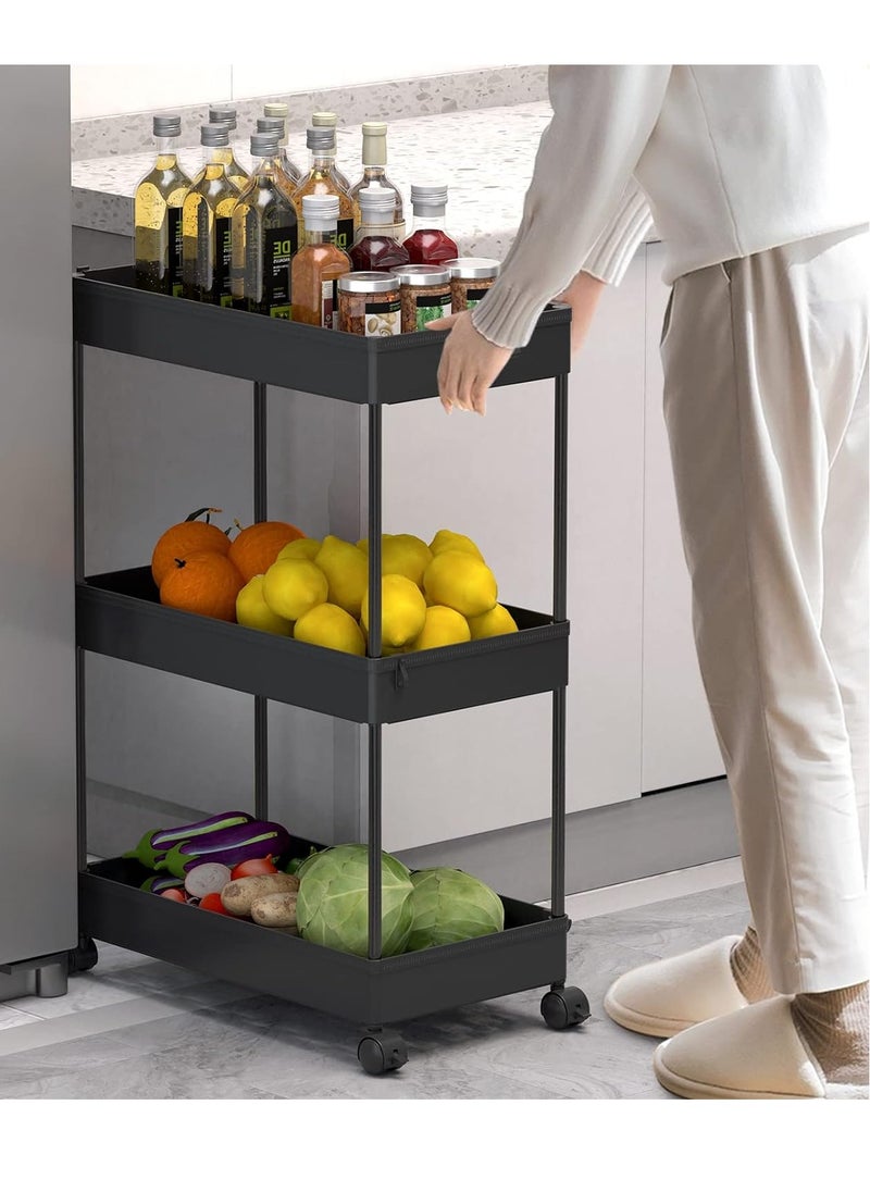 Juud 3-Tier Rolling Storage Cart with Wheels Slim Plastic Utility Shelf Organizer for Kitchen Bathroom Office & Narrow Spaces Movable Trolley with Hooks Drainage Shelves Easy Assembly for Multipurpose Use