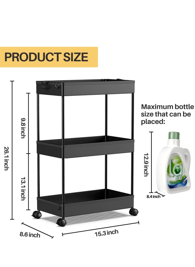 Juud 3-Tier Rolling Storage Cart with Wheels Slim Plastic Utility Shelf Organizer for Kitchen Bathroom Office & Narrow Spaces Movable Trolley with Hooks Drainage Shelves Easy Assembly for Multipurpose Use