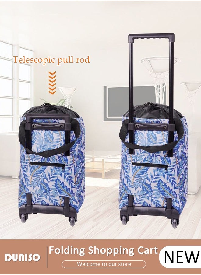 Foldable Shopping Cart, Portable Shopping Trolley with Telescoping Handle, Reusable Trolley Bags Hand with Wheels, Waterproof Rolling Shopping Bag, Light Weight Travel Duffel bag for Luggage, Travel, Moving, Shopping and Office