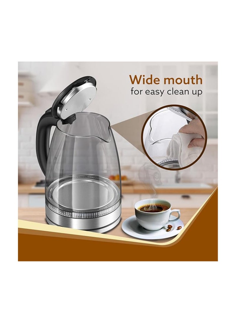 Agaro Imperial Glass Electric Kettle,1.8 liter Capacity, 1500 Watts, Borosilicate Glass Body, Dry Boiling Protection, 360 Rotating Base, Silver