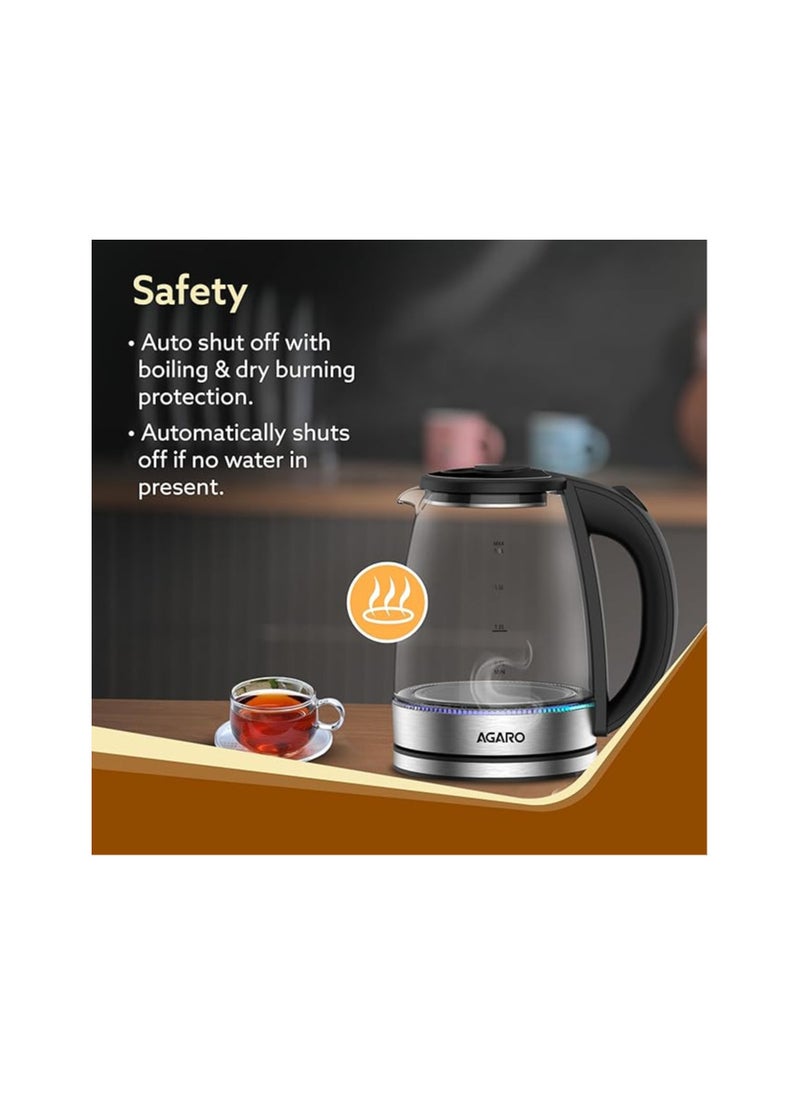 Agaro Imperial Glass Electric Kettle,1.8 liter Capacity, 1500 Watts, Borosilicate Glass Body, Dry Boiling Protection, 360 Rotating Base, Silver