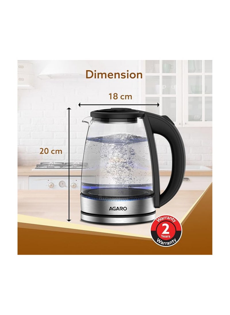 Agaro Imperial Glass Electric Kettle,1.8 liter Capacity, 1500 Watts, Borosilicate Glass Body, Dry Boiling Protection, 360 Rotating Base, Silver