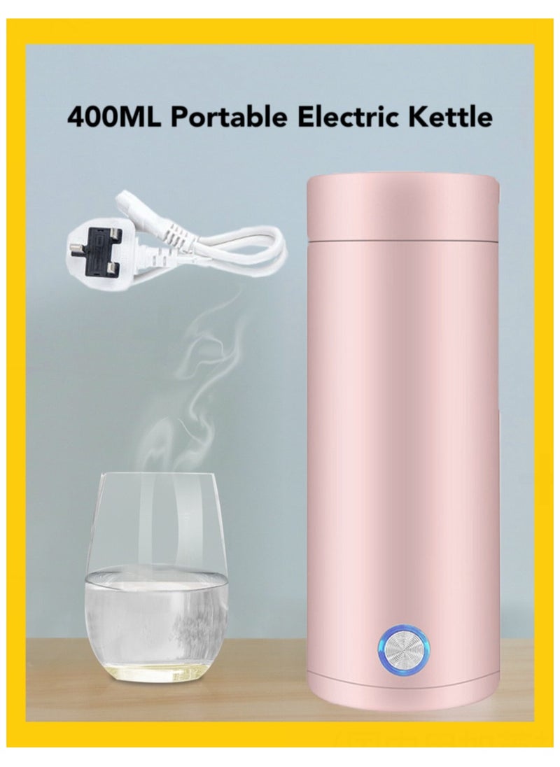 Portable Electric Kettle for Travel, 400ml Stainless Steel, Auto Shut-Off, Fast Boil, Tea, Coffee & Milk Heater with Handy Cup Bag & Boil Dry Protection (Pink)