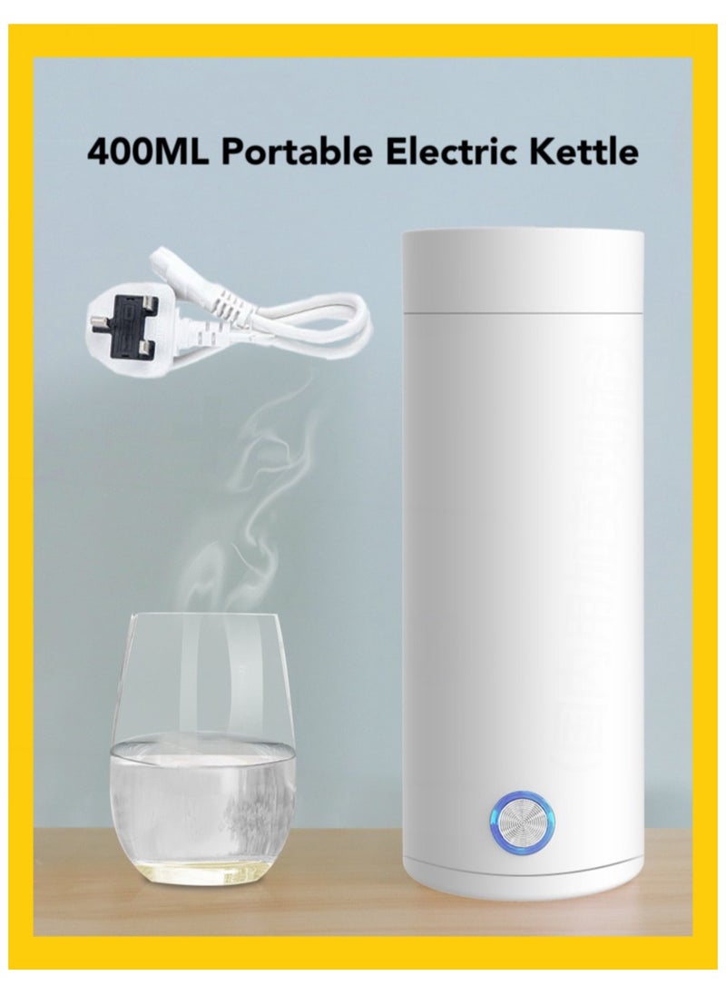 Portable Electric Kettle for Travel, 400ml Stainless Steel, Auto Shut-Off, Fast Boil, Tea, Coffee & Milk Heater with Handy Cup Bag & Boil Dry Protection (White)