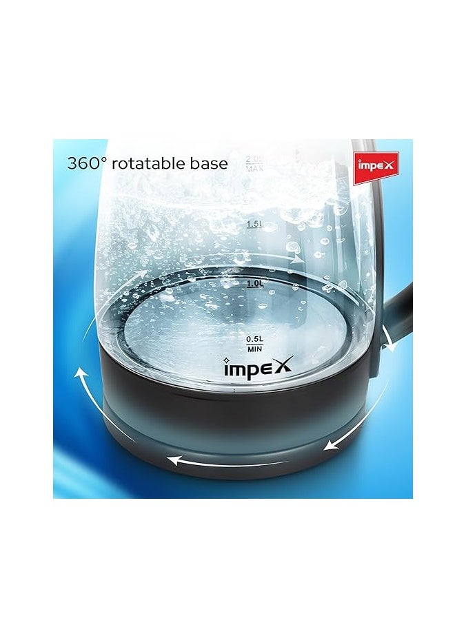 Impex Electric Glass Kettle 1.8 Liter, 1500W Power, High boron glass, 360°C Rotatable base, Hot Water Kettle Teapot Boiler & Heater, Triple Thermostat