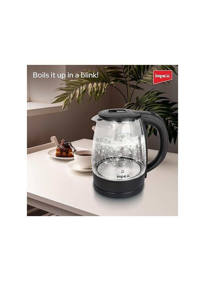 Impex Electric Glass Kettle 1.8 Liter, 1500W Power, High boron glass, 360°C Rotatable base, Hot Water Kettle Teapot Boiler & Heater, Triple Thermostat