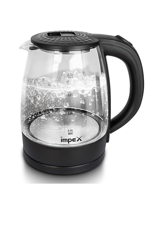 Impex Electric Glass Kettle 1.8 Liter, 1500W Power, High boron glass, 360°C Rotatable base, Hot Water Kettle Teapot Boiler & Heater, Triple Thermostat