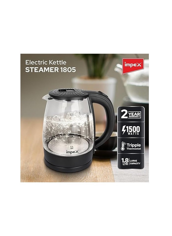 Impex Electric Glass Kettle 1.8 Liter, 1500W Power, High boron glass, 360°C Rotatable base, Hot Water Kettle Teapot Boiler & Heater, Triple Thermostat