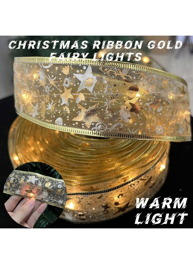 2Packs Christmas Ribbon Gold Fairy Lights, 32.8ft LED Christmas String Lights Christmas Tree Ribbon, Christmas Lights with 100pcs LED Battery Powered Lights (32.8ft, Gold/Colored Lights)