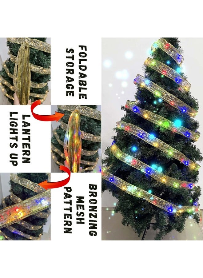 2Packs Christmas Ribbon Gold Fairy Lights, 32.8ft LED Christmas String Lights Christmas Tree Ribbon, Christmas Lights with 100pcs LED Battery Powered Lights (32.8ft, Gold/Colored Lights)