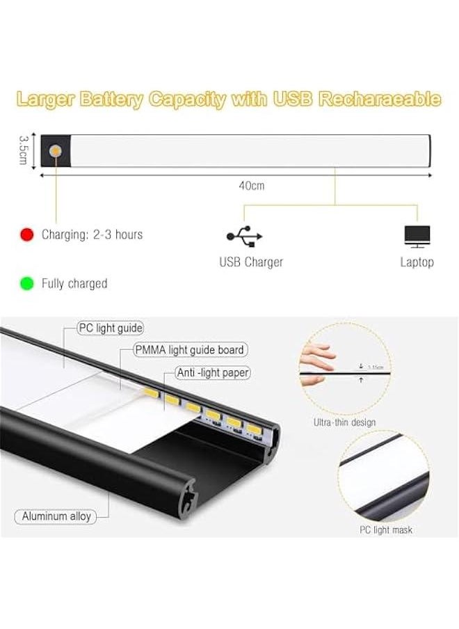 Motion Sensor Closet Lights,3-Color Dimming LED Rechargeable Under Cabinet Night Light, Slim Magnetic Closet Light, Wireless Light for Kitchen, Staircase, Wardrobe, Study Light (Black, 40CM)