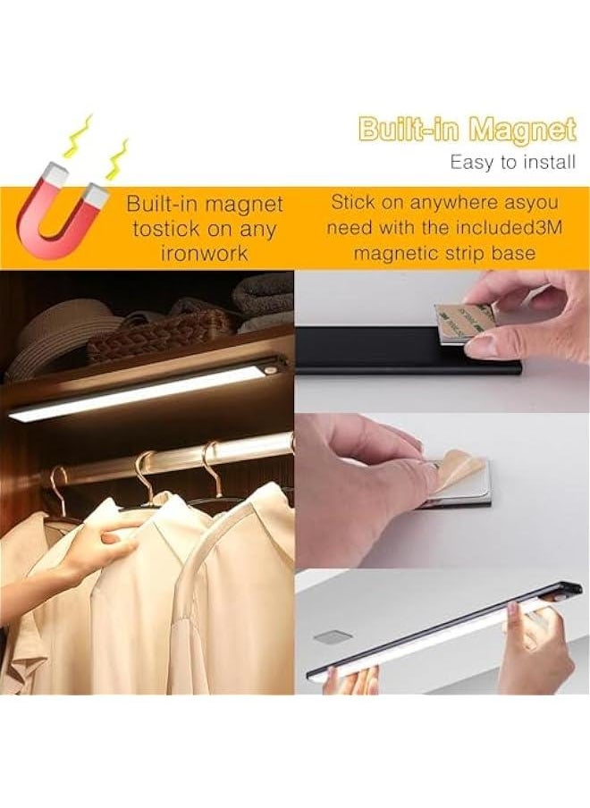 Motion Sensor Closet Lights,3-Color Dimming LED Rechargeable Under Cabinet Night Light, Slim Magnetic Closet Light, Wireless Light for Kitchen, Staircase, Wardrobe, Study Light (Black, 40CM)