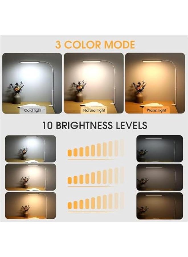 Durku LED Desk Lamp with Clamp, Eye-Caring Clip on Lights for Home Office, 3 Modes 10 Brightness, Long Flexible Gooseneck,Metal, Swing Arm Architect Task Table Lamps with USB Adapter (White)