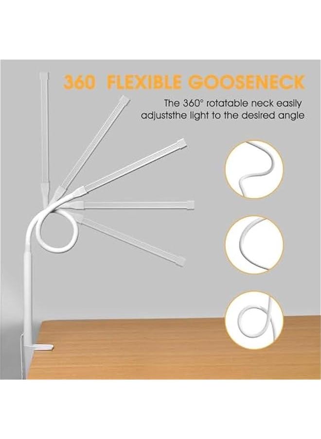 Durku LED Desk Lamp with Clamp, Eye-Caring Clip on Lights for Home Office, 3 Modes 10 Brightness, Long Flexible Gooseneck,Metal, Swing Arm Architect Task Table Lamps with USB Adapter (White)