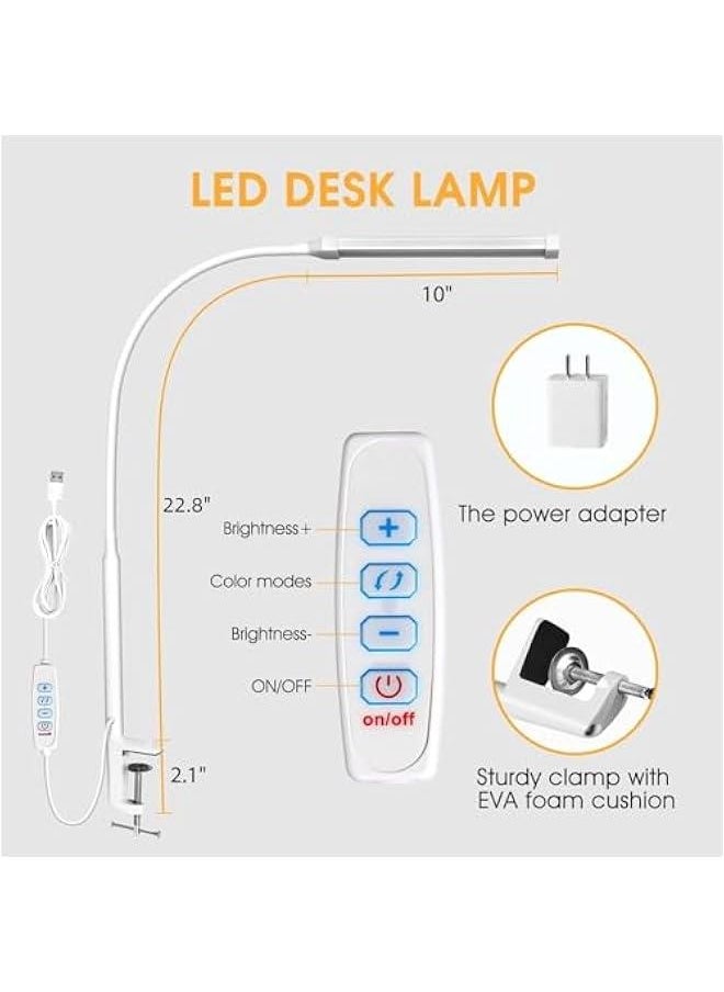 Durku LED Desk Lamp with Clamp, Eye-Caring Clip on Lights for Home Office, 3 Modes 10 Brightness, Long Flexible Gooseneck,Metal, Swing Arm Architect Task Table Lamps with USB Adapter (White)