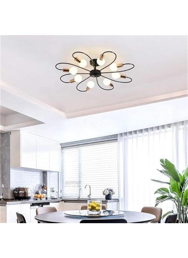 8-Light Semi Ceiling Lights Fixture, Industrial Modern Sputnik Chandelier Fixture, Black Semi Flush Mount Mid-Century Pendant Light for Dining Room Bedroom Kitchen Island (Bulbs Not Included)