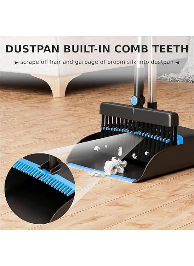 Dustpan and Brush Set Long Handled, 180 Rotating Sweeping Brush, 48 Stainless Steel Handle Broom with Comb Teeth for Indoor Outdoor Garden Home Room Kitchen Office Lobby (Blue)