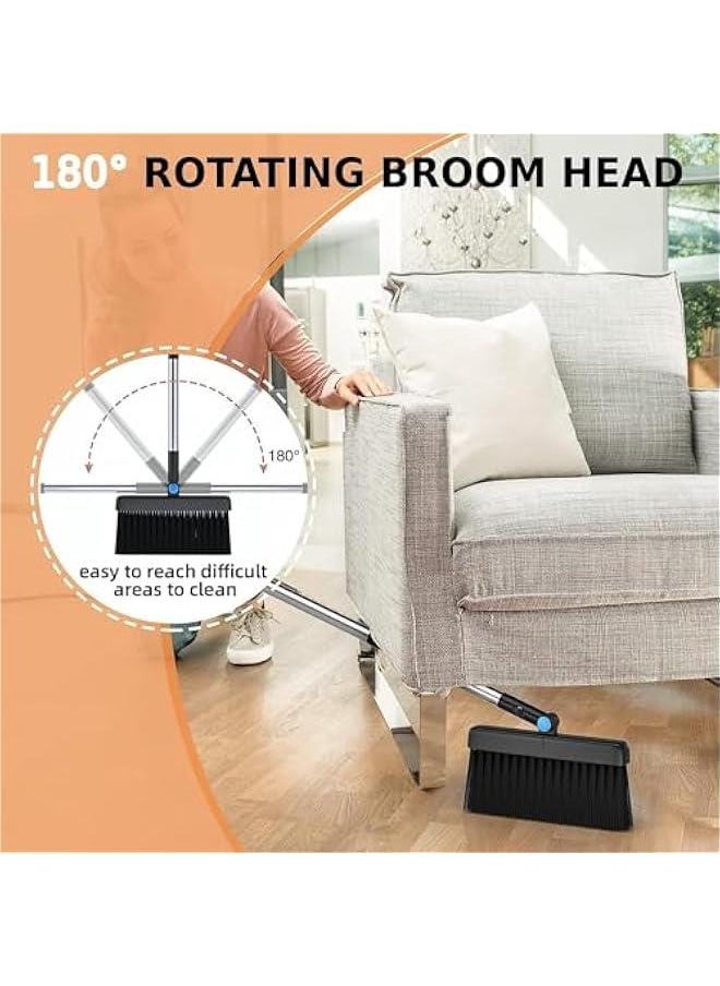 Dustpan and Brush Set Long Handled, 180 Rotating Sweeping Brush, 48 Stainless Steel Handle Broom with Comb Teeth for Indoor Outdoor Garden Home Room Kitchen Office Lobby (Blue)