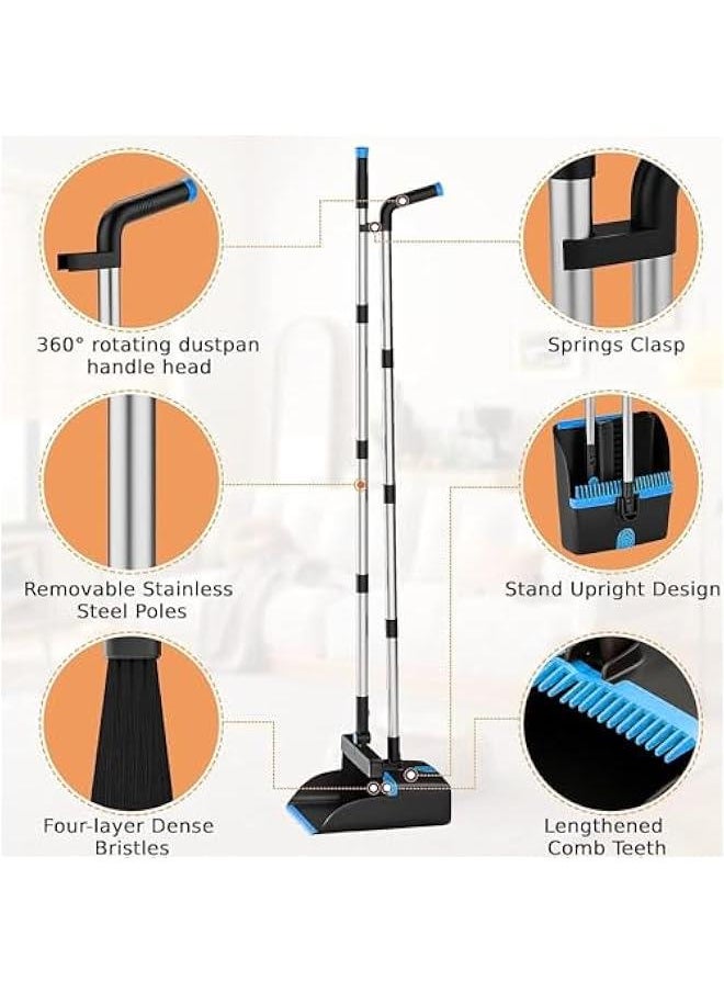 Dustpan and Brush Set Long Handled, 180 Rotating Sweeping Brush, 48 Stainless Steel Handle Broom with Comb Teeth for Indoor Outdoor Garden Home Room Kitchen Office Lobby (Blue)