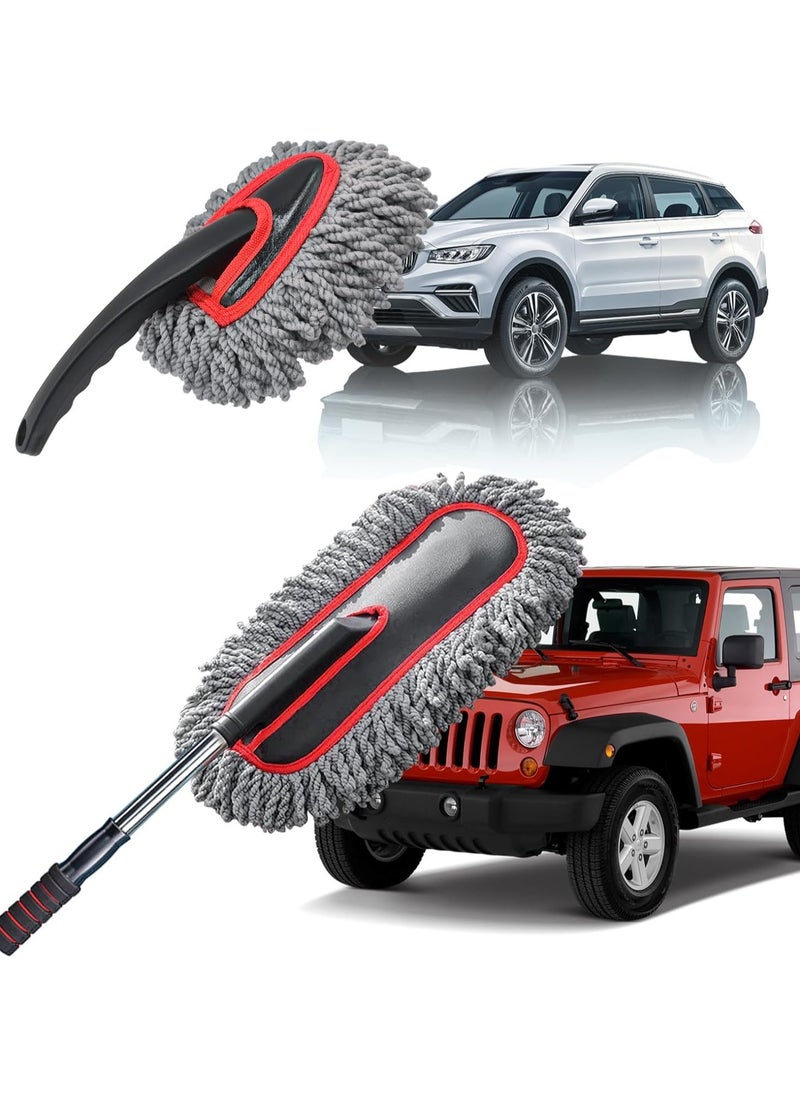 Car Duster Kit, 2 PACK Car Dust Brush Set with Microfiber Pollen Dusters Scratch Free, Extendable Car Duster Brush & Dash Duster for Car Exterior Interior Cleaning Tools, Red&Gray