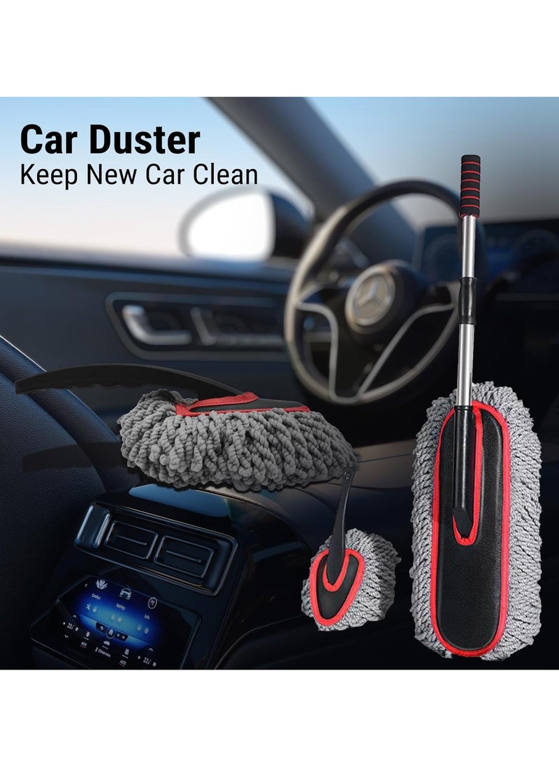 Car Duster Kit, 2 PACK Car Dust Brush Set with Microfiber Pollen Dusters Scratch Free, Extendable Car Duster Brush & Dash Duster for Car Exterior Interior Cleaning Tools, Red&Gray