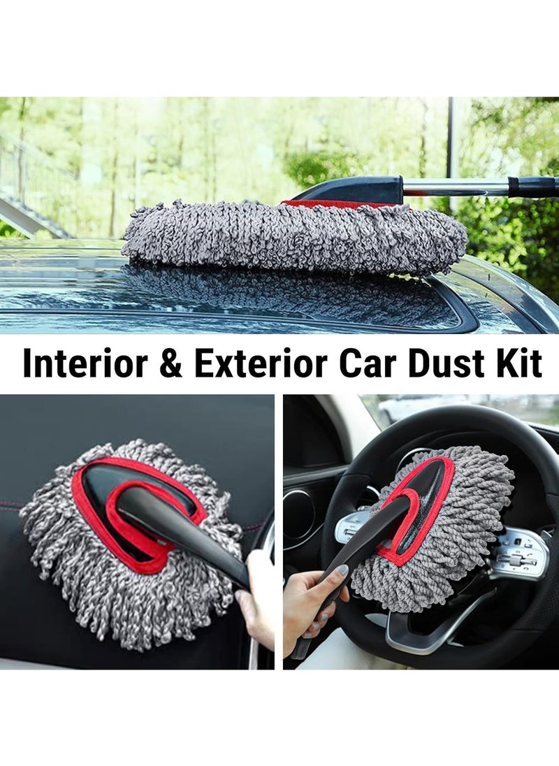 Car Duster Kit, 2 PACK Car Dust Brush Set with Microfiber Pollen Dusters Scratch Free, Extendable Car Duster Brush & Dash Duster for Car Exterior Interior Cleaning Tools, Red&Gray